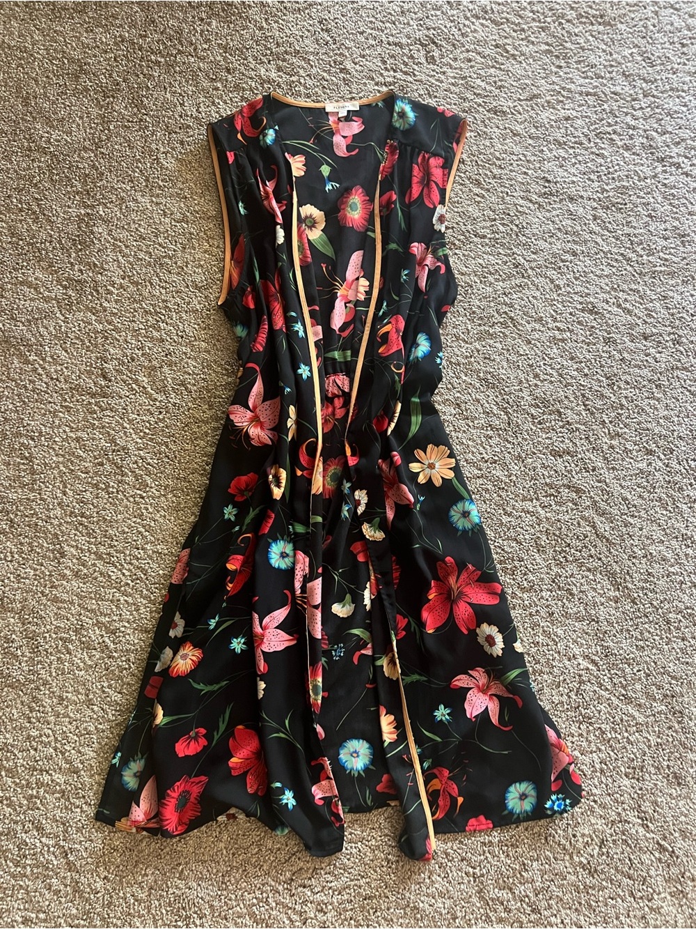 Pleione Black Floral Sleeveless Duster Vest with Pink & Red Blooms